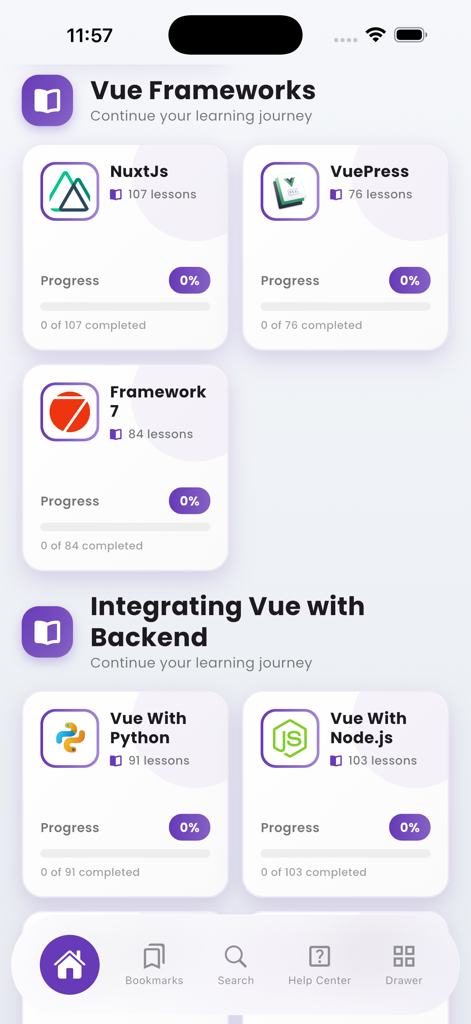 Painel do aplicativo Learn Vue.js mostrando caminhos de aprendizagem para frameworks como NuxtJs e integração de backend com Python e Node.js.