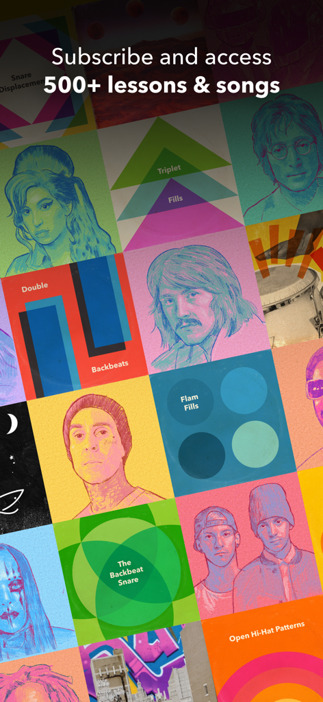 Melodics: Drum Lessons App - Un collage colorido de retratos de artistas y mosaicos de lecciones de batería que muestran acceso a más de 500 lecciones y canciones en la aplicación Melodics.