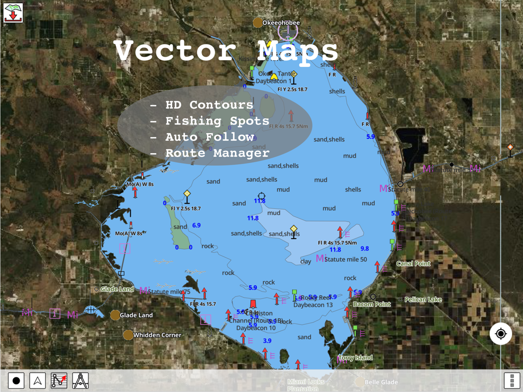 HD vector marine charts with depth contours and fishing spots in the i-Boating app
