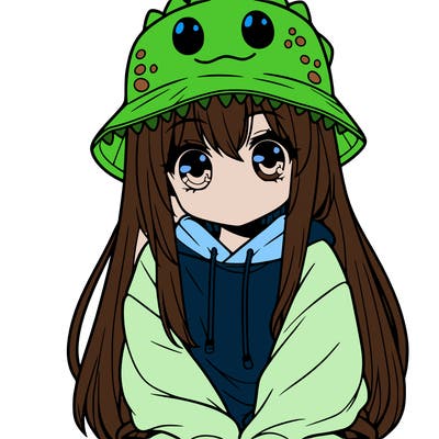 girl with anime shaped eyes with a dinosaur bucket hat oversized sweatshirt long straight hair