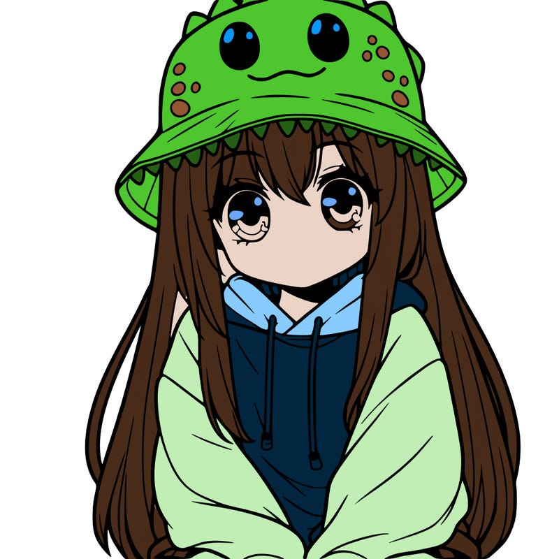 girl with anime shaped eyes with a dinosaur bucket hat oversized sweatshirt long straight hair