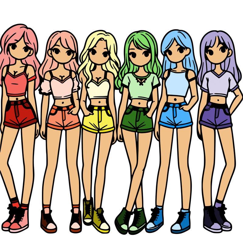 a group of girls wearing crop tops and shorts