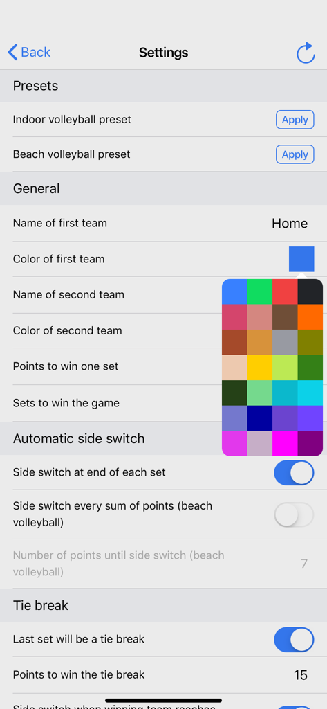 Settings screen of the Volleyball Score Simple app showing game customization and team color options.