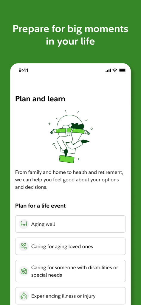 Fidelity Health® - 加齢、愛する人のケアなど、計画を立てるためのライフイベントのリストを表示するFidelity Healthアプリのインターフェイス