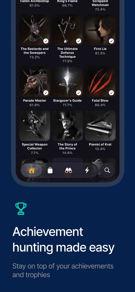 GameTrack app interface showing a list of earned video game achievements and completion percentages