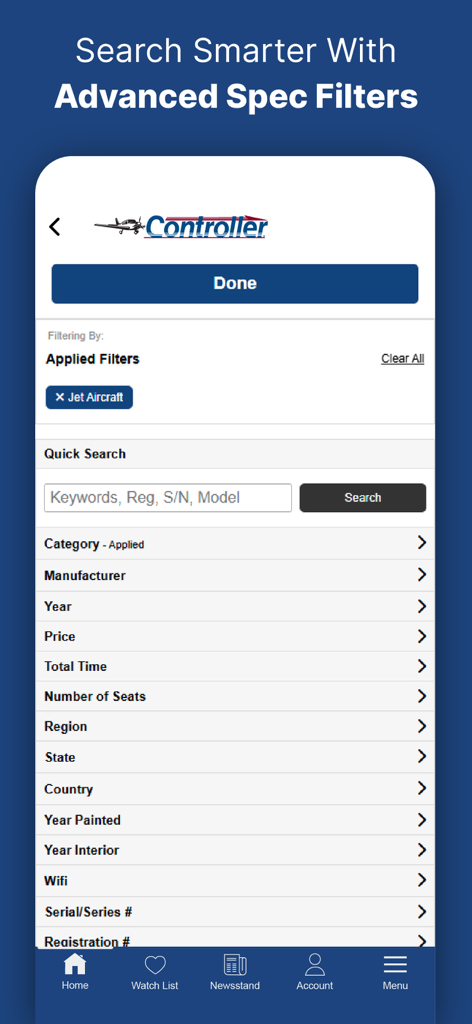 Controller: Aircraft for Sale - Interface do aplicativo Controller mostrando filtros de pesquisa avançados para anúncios de aeronaves, incluindo fabricante, preço e tempo total