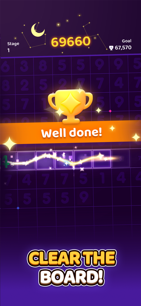 Number Master: Ten Pair Puzzle - Écran de victoire dans Number Master montrant un trophée doré et les mots "Bien joué."