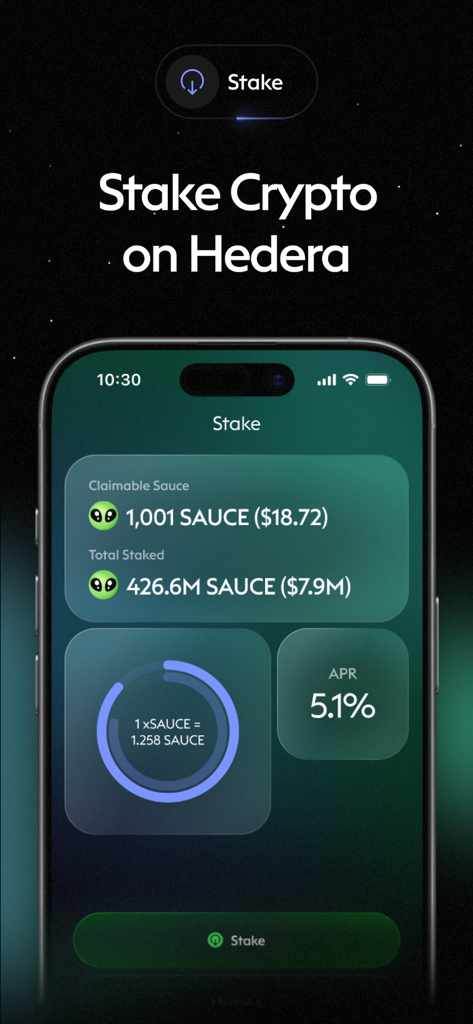 SaucerSwap: Hedera Wallet - Staking interface of SaucerSwap Hedera Wallet showing SAUCE token rewards and staking APR.