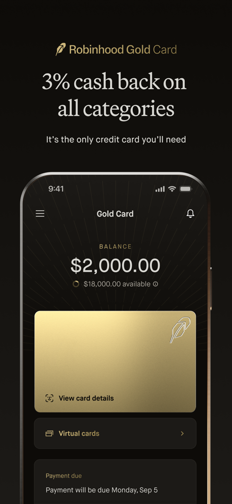 Robinhood Gold Cardモバイルアプリのダッシュボードには、3パーセントのキャッシュバックオファーと口座残高が表示されています