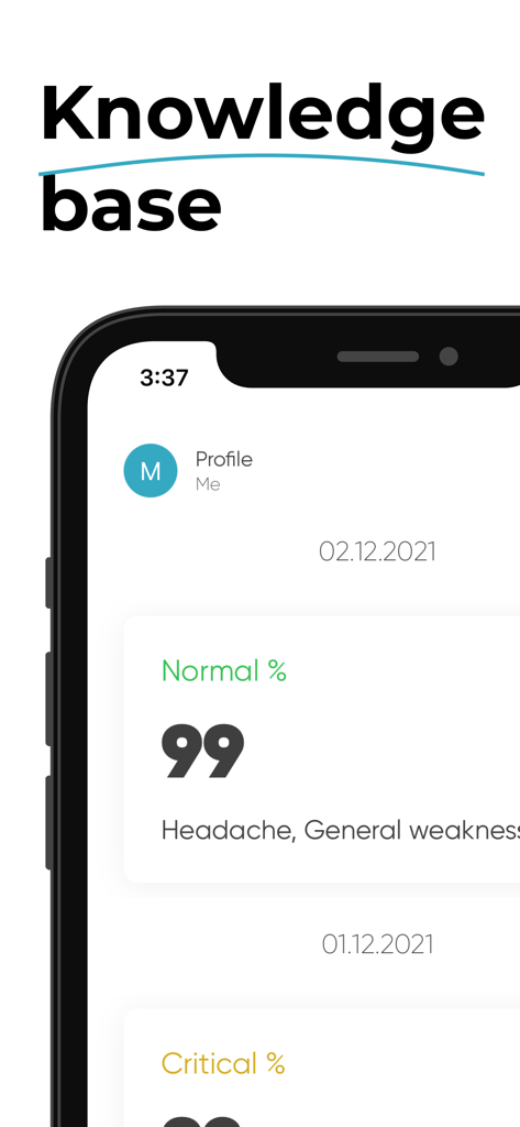 Smartphone screen showing the Knowledge base section of a blood oxygen analyzer app with recorded oxygen levels and associated health symptoms.