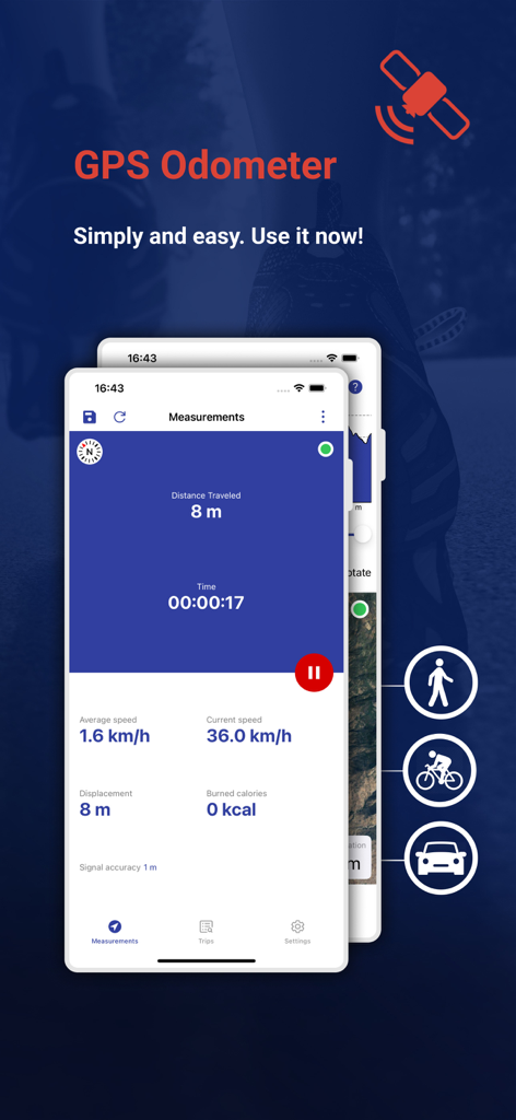 My GPS Odometer - Interfaz de la aplicación Mi Odómetro GPS mostrando el seguimiento en tiempo real de la distancia, velocidad y tiempo para caminar, andar en bicicleta o conducir