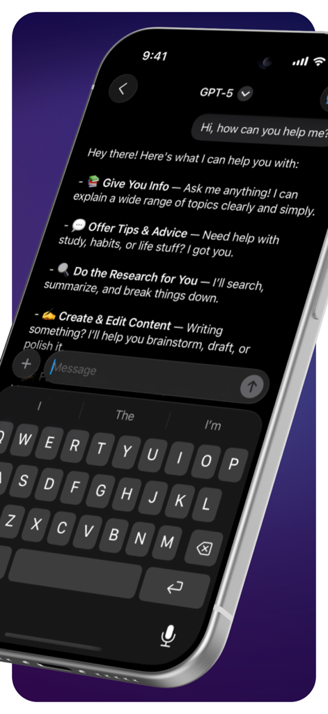 Fello AI: Chat Bot Assistant - Fello AI app interface on iPhone showing chat assistant capabilities and keyboard