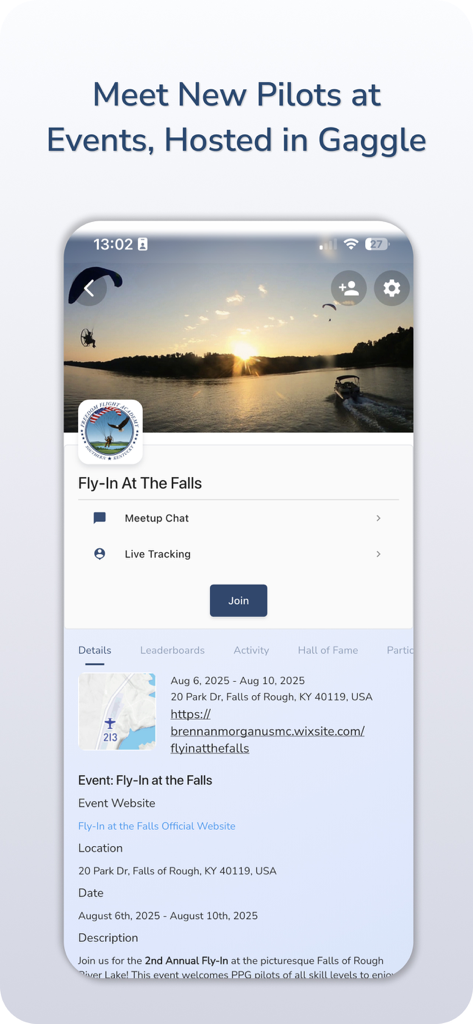 Screenshot of the Gaggle app showing an event page for a paragliding fly-in at Falls of Rough
