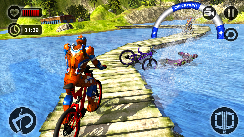 Offroad Superhero Bicycle Race - A superhero in an orange suit racing a bicycle on a wooden bridge over water toward a checkpoint.