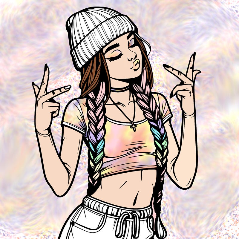 realistic teenage girl with braids and a beanie and crop top doing 🫶🏼
