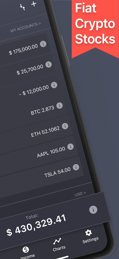 Interfaccia dell'app BalanceViewer che mostra saldi in valuta fiat, cripto e azioni in una panoramica del portafoglio