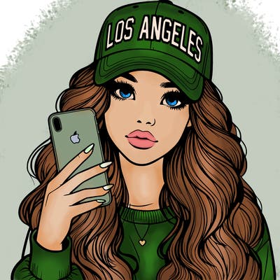 realistic beautiful girl wearing los ángeles cap holding an iphone
