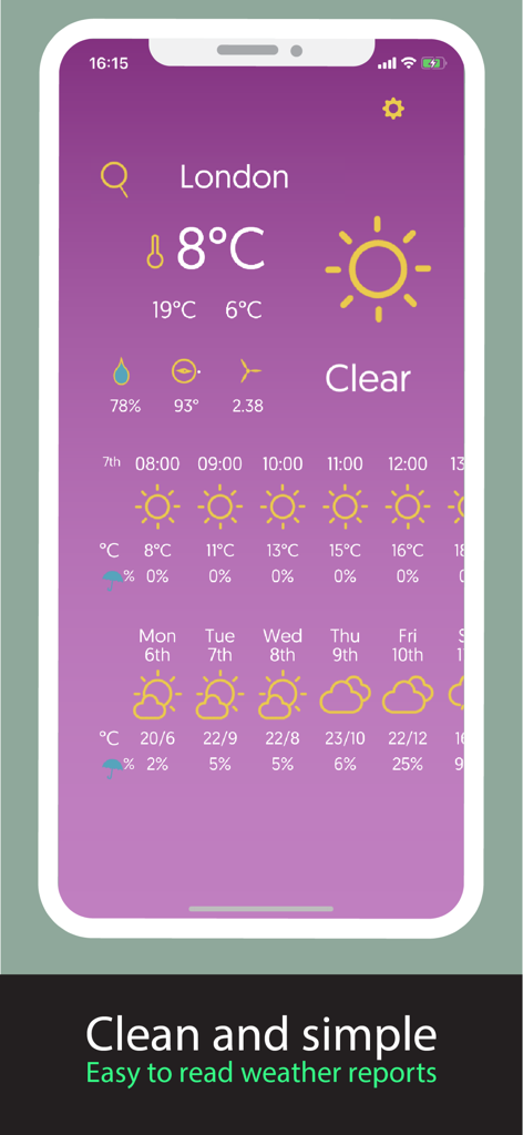 Rain / Shine - Interface simplista de previsão meteorológica roxa a mostrar relatórios de hora a hora e diários