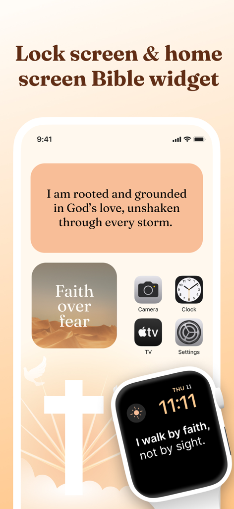 Bible Verse Lock Screen Widget - Aesthetic Bible verse widgets showing daily scripture on an iPhone home screen and Apple Watch.