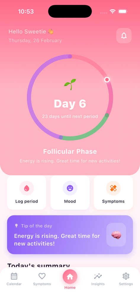 My PinkCycle - Period Tracker - Panel de control de la aplicación My PinkCycle que muestra la fase folicular y el progreso del seguimiento del período