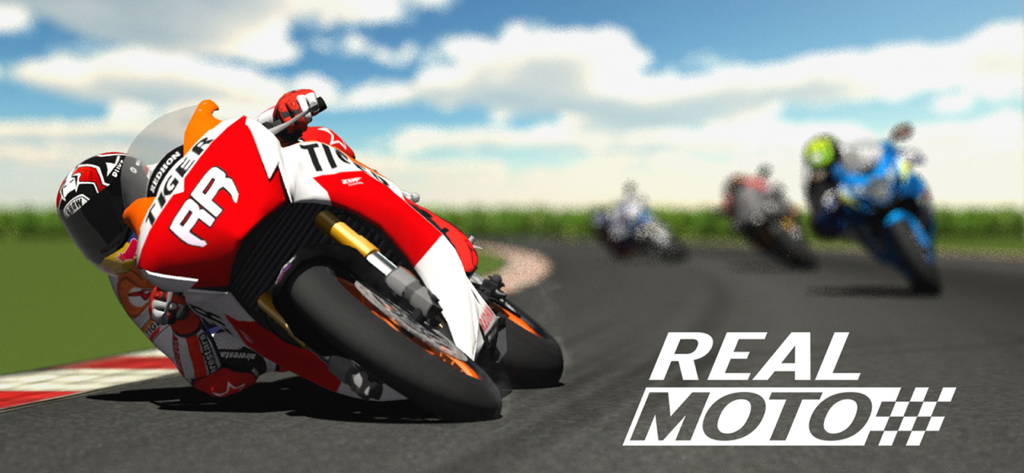 A motorcycle racer leaning into a turn on a racetrack in the Real Moto game