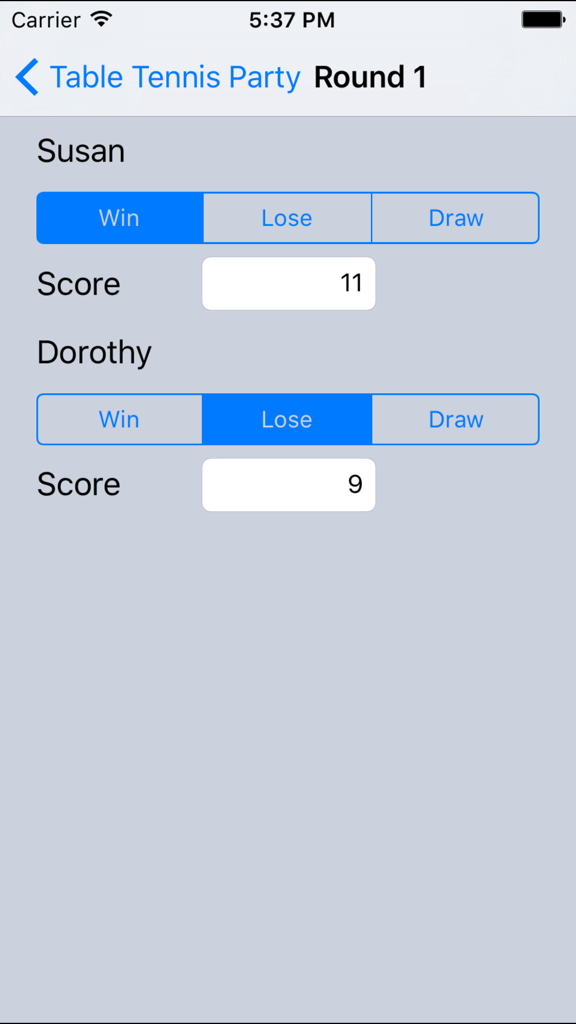 Bildschirm zur Eingabe von Tischtennis-Spielergebnissen in der Round Robin Turnier App