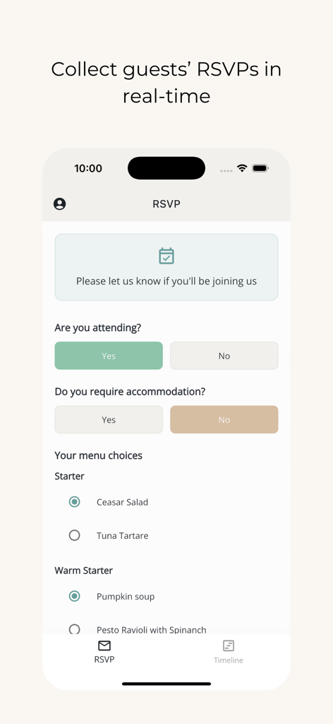 PlanWed mobile app screen showing a digital RSVP form with attendance and menu selection options.