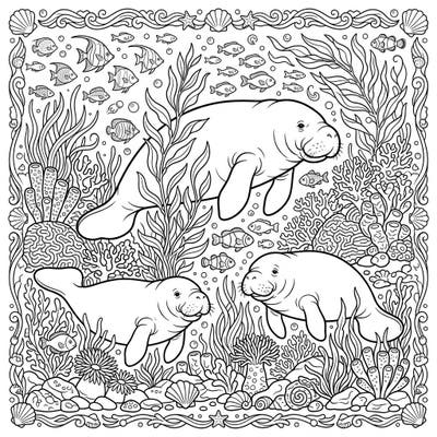 Immerse yourself in the tranquil world of manatees with this detailed coloring page, perfect for all ages. Discover a vibrant underwater habitat teeming with marine life, all while celebrating the importance of manatee conservation.
