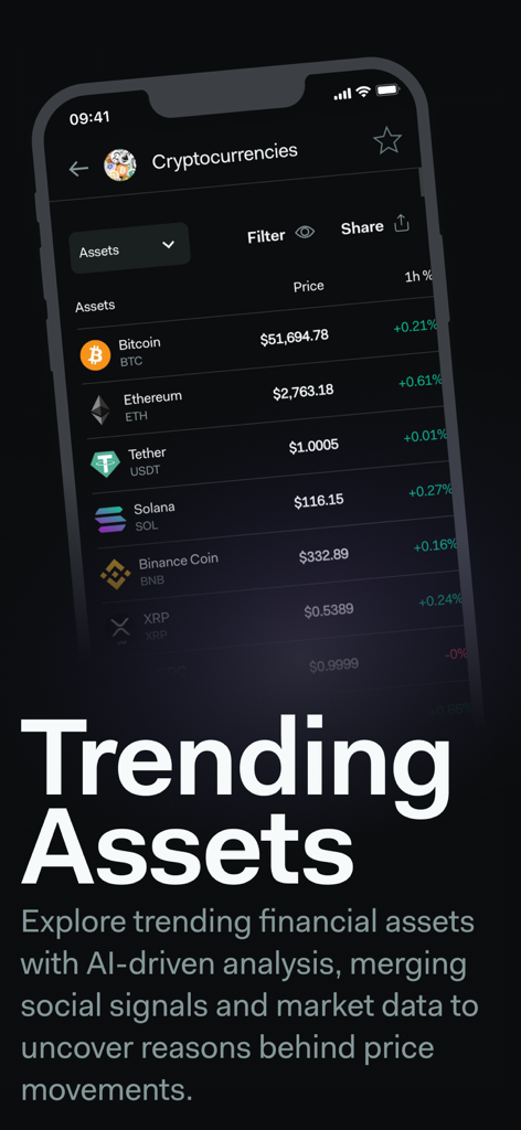 Mobile app screen displaying trending cryptocurrencies and real-time market data on LunarCrush
