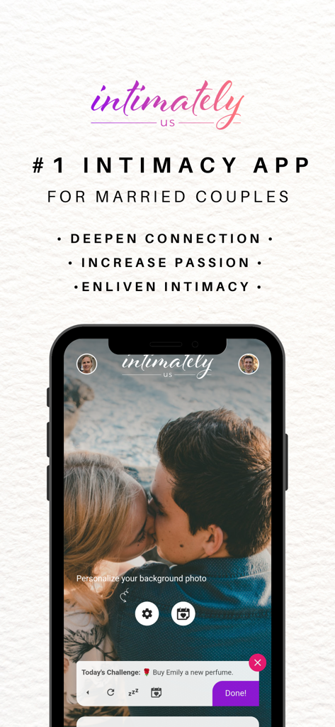Interfaz de la aplicación Intimately Us para parejas casadas mostrando desafíos de relación y herramientas de conexión.