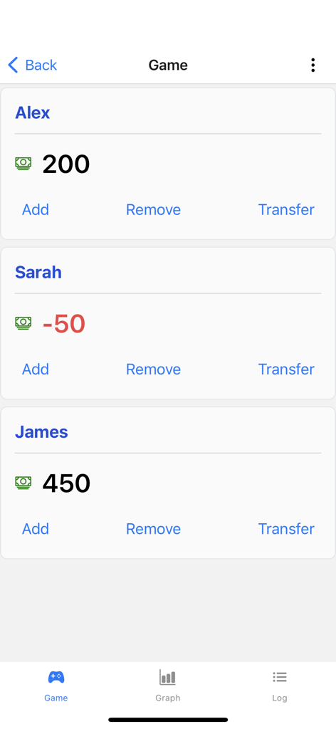 Game Money - Digital board game bank interface displaying current balances for players Alex Sarah and James