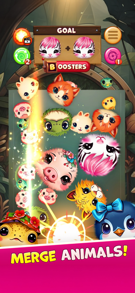 Gameplay screenshot of Animal Suika showing various cute animals merging in a physics-based puzzle.