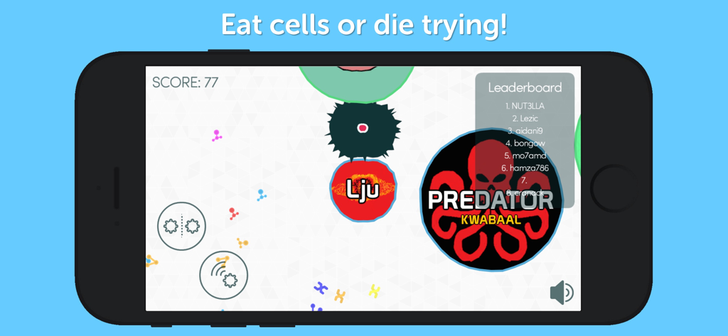 Mitos.is game screen on a mobile phone showing customized cells and a player leaderboard.