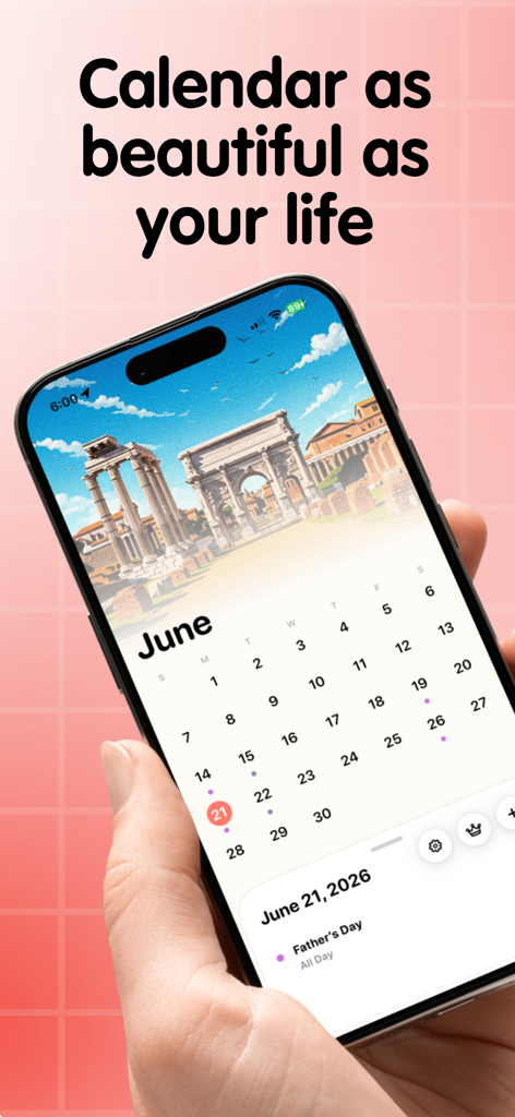 Frames: Photo Calendar App - A hand holding an iPhone showing a personalized June calendar with a scenic travel photo of Roman ruins.