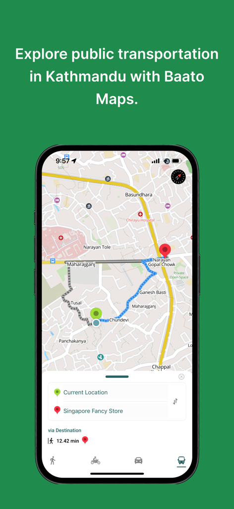 Baato Maps - Smartphone screen showing public transportation routes and navigation in Kathmandu using the Baato Maps app.