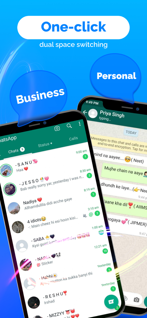 Clone App ~ Multiple Accounts - メッセージング用の個人アカウントとビジネスアカウントの間でワンクリック切り替えを示すモバイルアプリインターフェイス