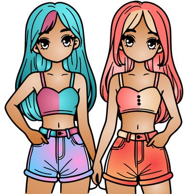 two sisters with crop tops and jean shorts and straight hair