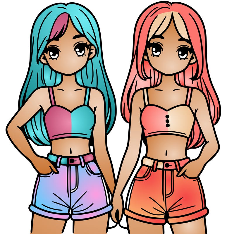 two sisters with crop tops and jean shorts and straight hair