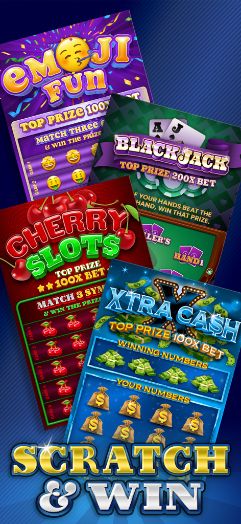 Lottery Scratchers - Collection of virtual lottery scratch cards including Emoji Fun and Cherry Slots.