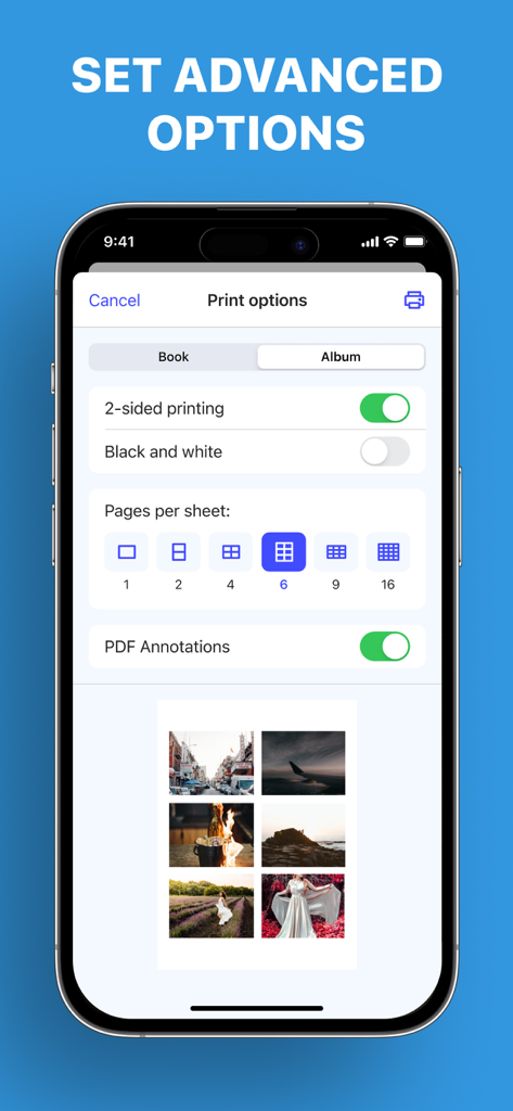 Advanced print options screen showing settings for two-sided printing and multiple pages per sheet on iPhone
