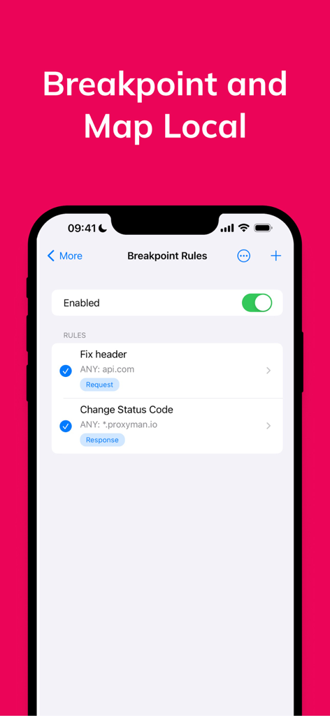 Interfaz de la app Proxyman que muestra reglas de punto de interrupción para depuración móvil.