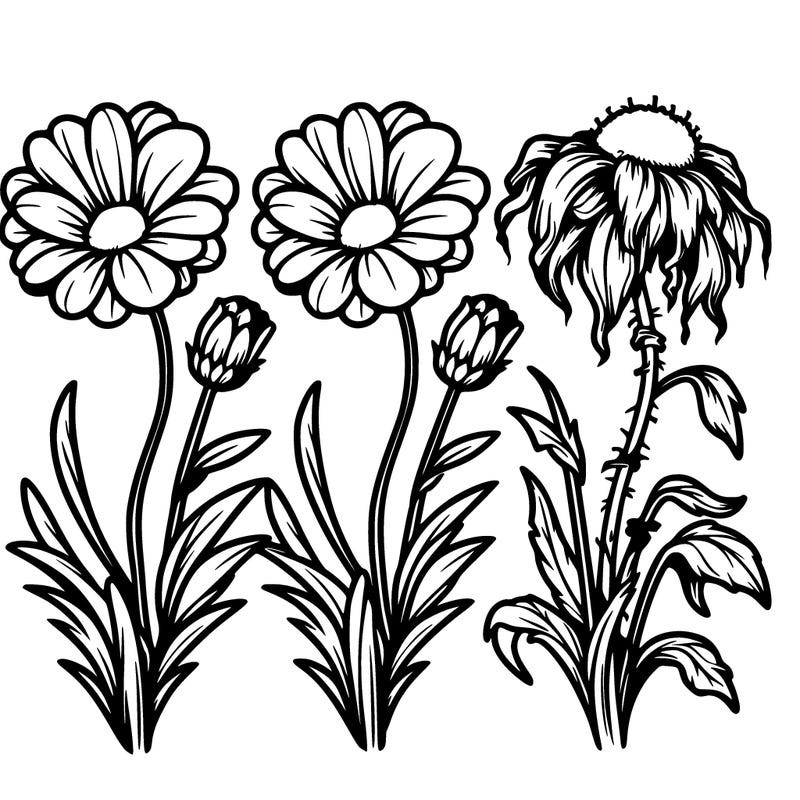 three realistic flowers next to each other but the one on the right is dead