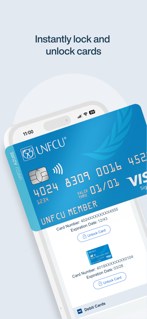 A smartphone interface showing the UNFCU Digital Banking app feature to instantly lock and unlock debit and credit cards for enhanced security.