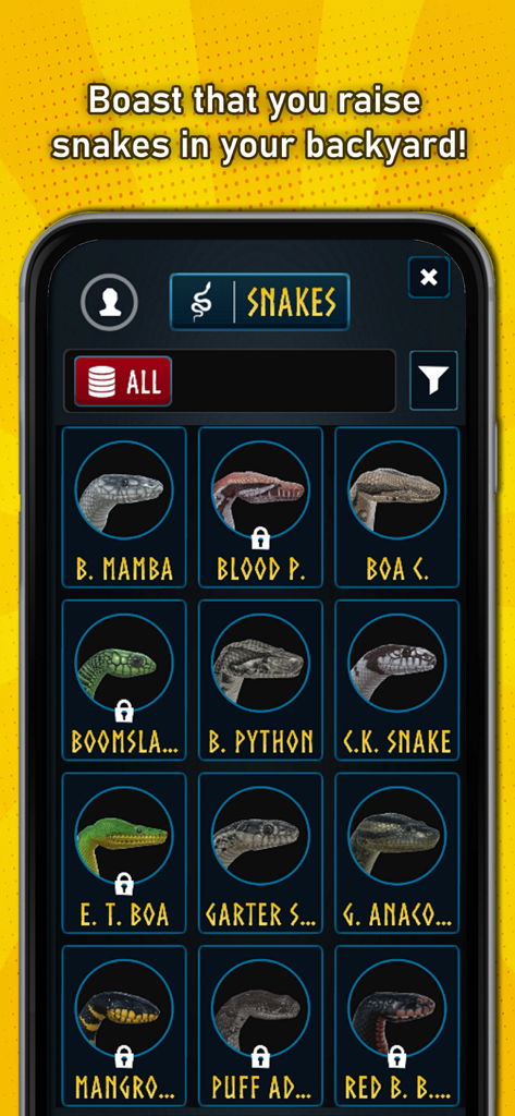 A mobile app screen showing a menu of various snake species available for augmented reality exploration.