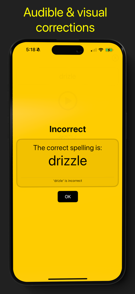 Spelling Bee App: Today's Game - Correction screen in the Spelling Bee app showing the right spelling for the word drizzle