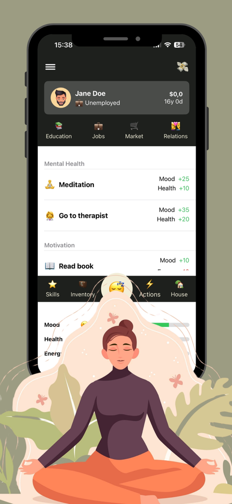 Real Life Simulator - A gameplay screenshot of Real Life Simulator showing mental health activities like meditation and therapy to boost mood and health stats.