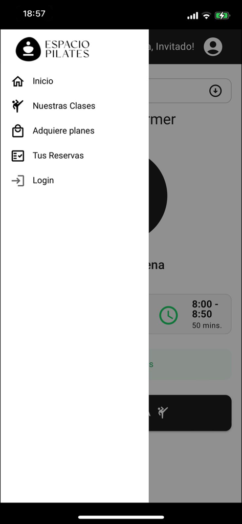 Espacio Pilates - Side navigation menu of the Espacio Pilates app displaying options for classes plans and reservations