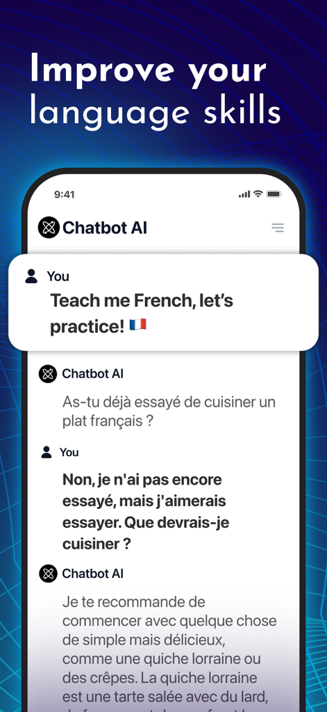 Interface de chatbot de IA mostrando uma sessão de prática de idioma francês