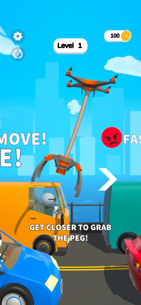 Claw Builder: Drone Machine - A drone with a claw grabber maneuvers over a yellow van in a city during level 1 of Claw Builder
