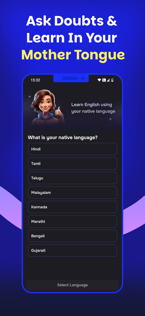 Schermata dell'app Supernova AI per selezionare una lingua madre per imparare l'inglese parlato.